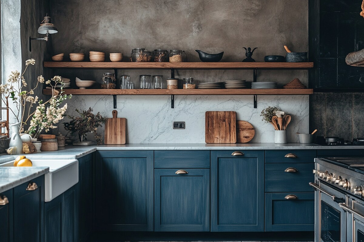 Classic Indigo Blue L-Shaped Kitchen Design with Matte Finish